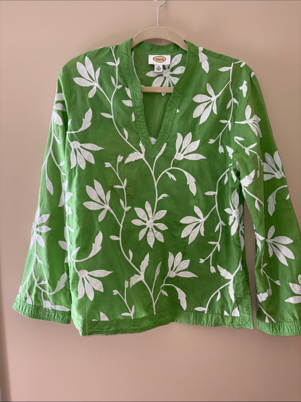 Talbots Green V-Neck Tunic with White Floral Embroidery